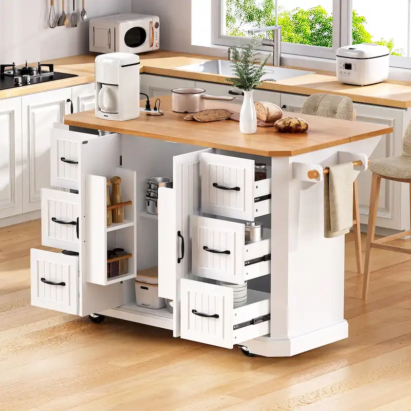 Drop-Leaf Kitchen Island Cart with Drawers – White / Black, 1-Person Use