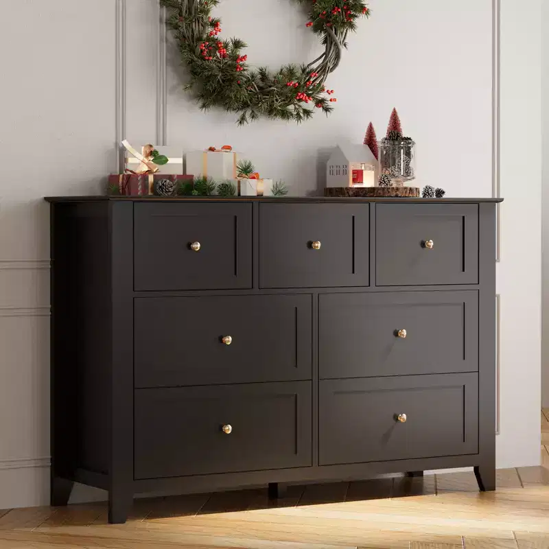 Modern 7 Drawer Dresser for Bedroom, 54 Wide Wooden Dressers with Large Storage,Handleless Chest of Drawers TV Stand for Living Room & Hallway