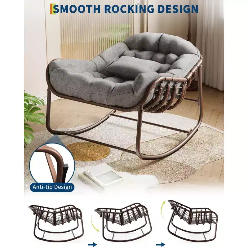 Outdoor Papasan Rocking Chair, Oversized Wicker Lounge Chair with Cushion and Metal Frame, Patio Rattan Egg Rocker
