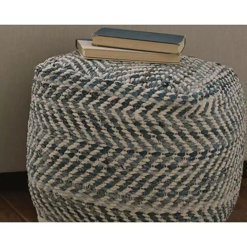 Chevron Pouf Blue, Modern Square Upholstered Ottoman, No Assembly Required
