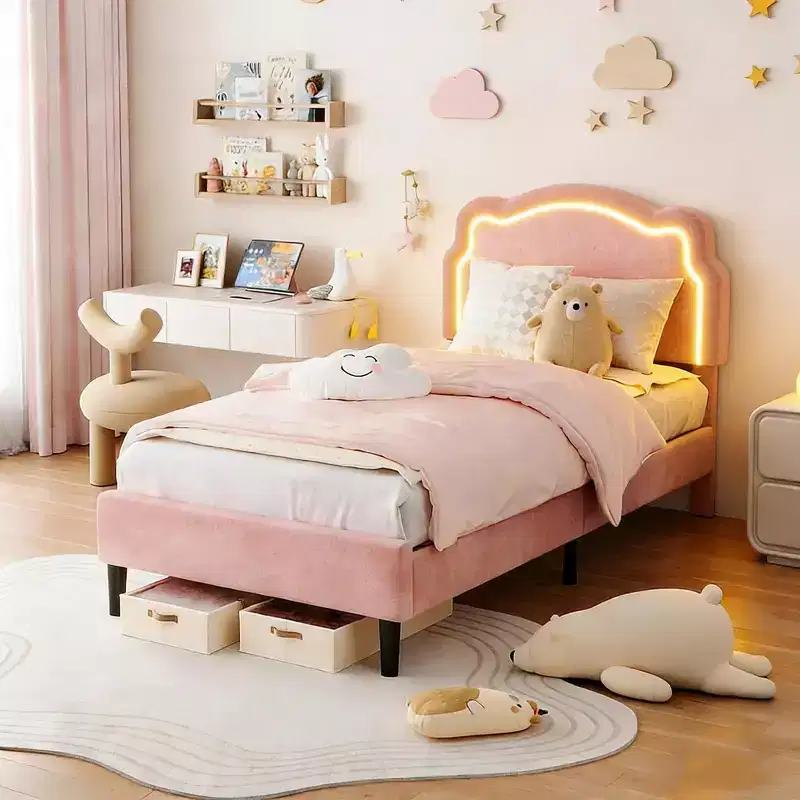 Upholstered Twin Platform Bed for Kids with Adjustable Bear-Shaped Headboard  Storage Drawer  Wooden Slats  Noise-Free, No Box Seasonal Needed