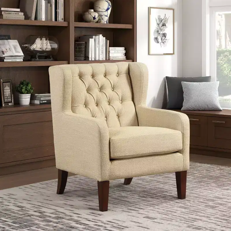 TUYOHW Wingback Accent Chair,Upholstered Chair with Button-Tufted Back,Pocket Coil Cushion,Solidwood Legs,Lounge Chair for Living Room,Bedroom