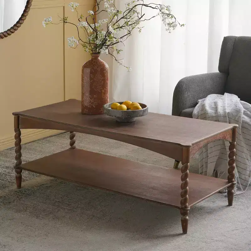 GDFStudio Ottilia Rustic Wood Coffee Table with Turned Spiral Legs and Lower Shelf