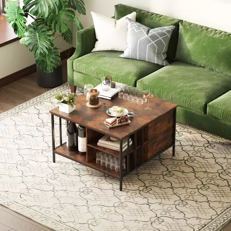 Farmhouse Lift Top Coffee Table with Hidden Compartment & 3 Shelves, Adjustable Height, Living Room Multifunctional Center Table, 110lbs Capacity