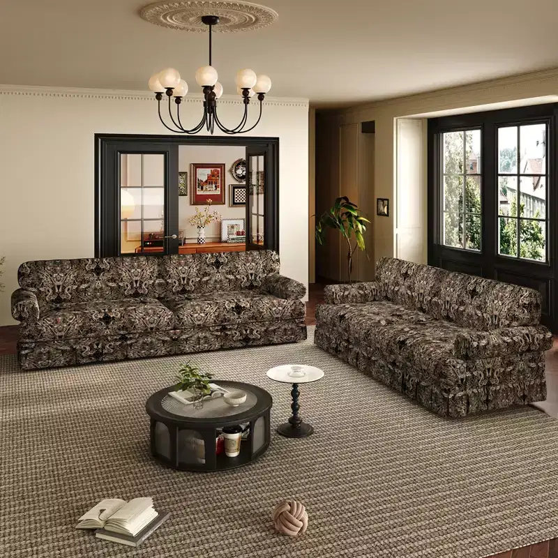 GDFStudio Belmont Mid-Century Modern Sofa Set with Rolled Arms and Pleated Skirt Design