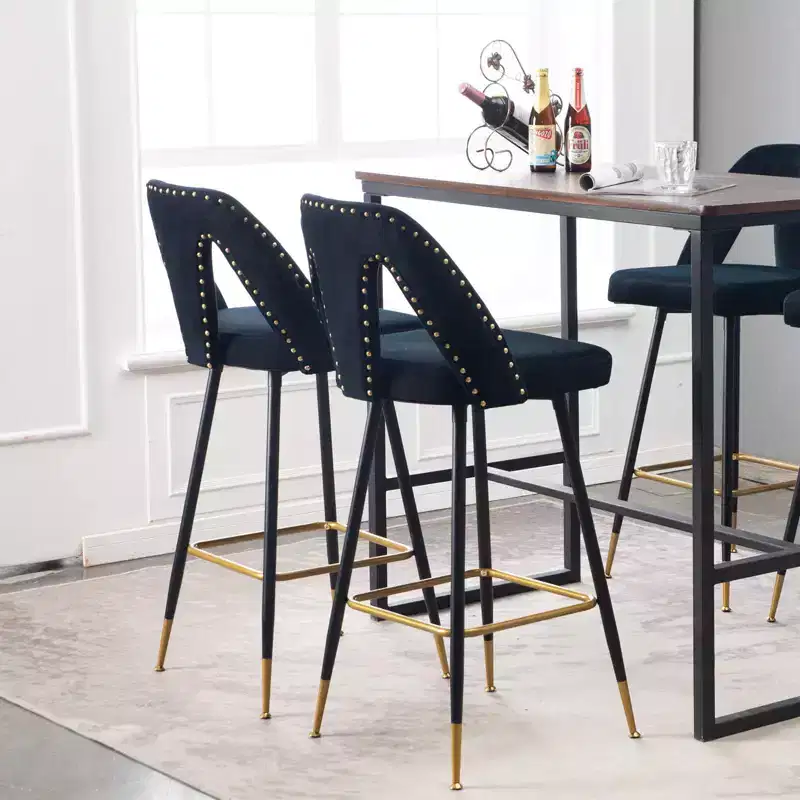 Velvet Bar Stools with Back Support and Footrest, Upholstered Kitchen Chairs, Wide Cushion Counter Stools for Bar Cafe, 28 Black