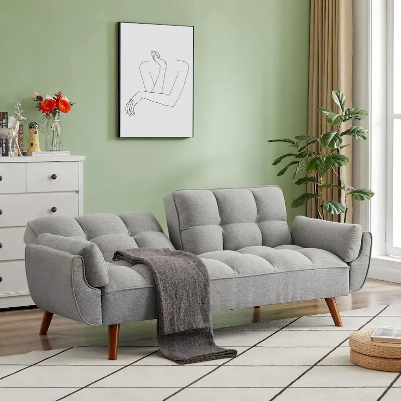 75.39 Futon Sofa Bed, Convertible Folding Futon Couch Recliner Lounge For Living Room With 2 Pillow/Armrest