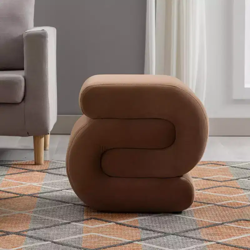 20W Velvet Upholstered Wood S-Shape Ottoman, Modern Accent Footrest