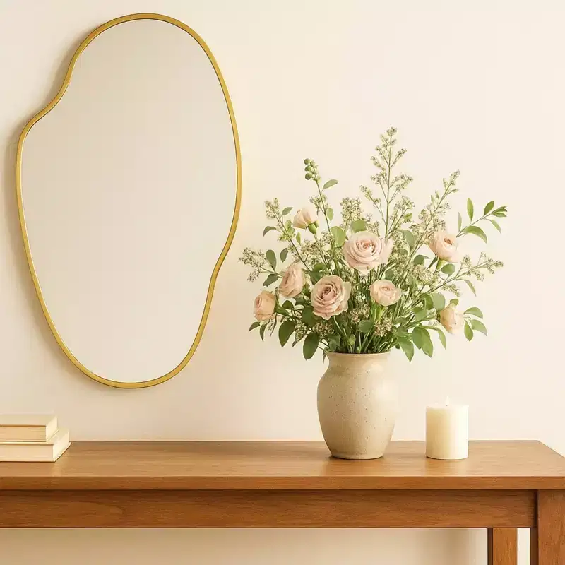 Brushed Gold Asymmetrical Irregular Wall Mirror, 22x34 in, Brass Frame, for Bathroom, Entryway, Nursery