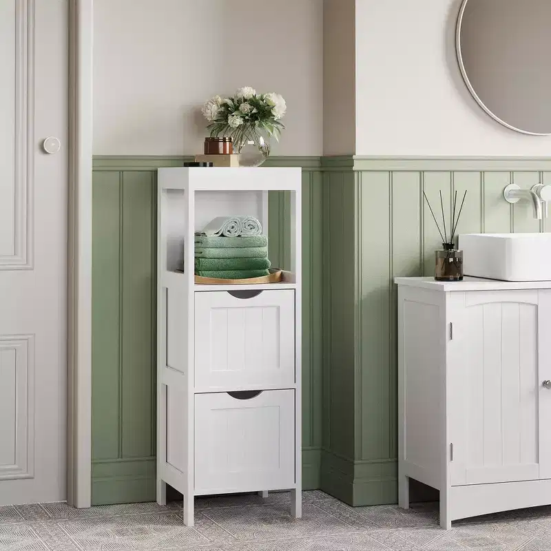 Modern Floor Cabinet with 2 Drawers and Open Shelf - White Freestanding Storage Organizer