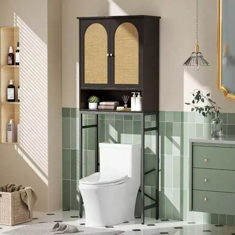 Rattan Toilet Storage Cabinet Over the Rack Wood Cabinet with Metal Stand Bathroom Organizer Adjustable Shelf Tall Freestanding
