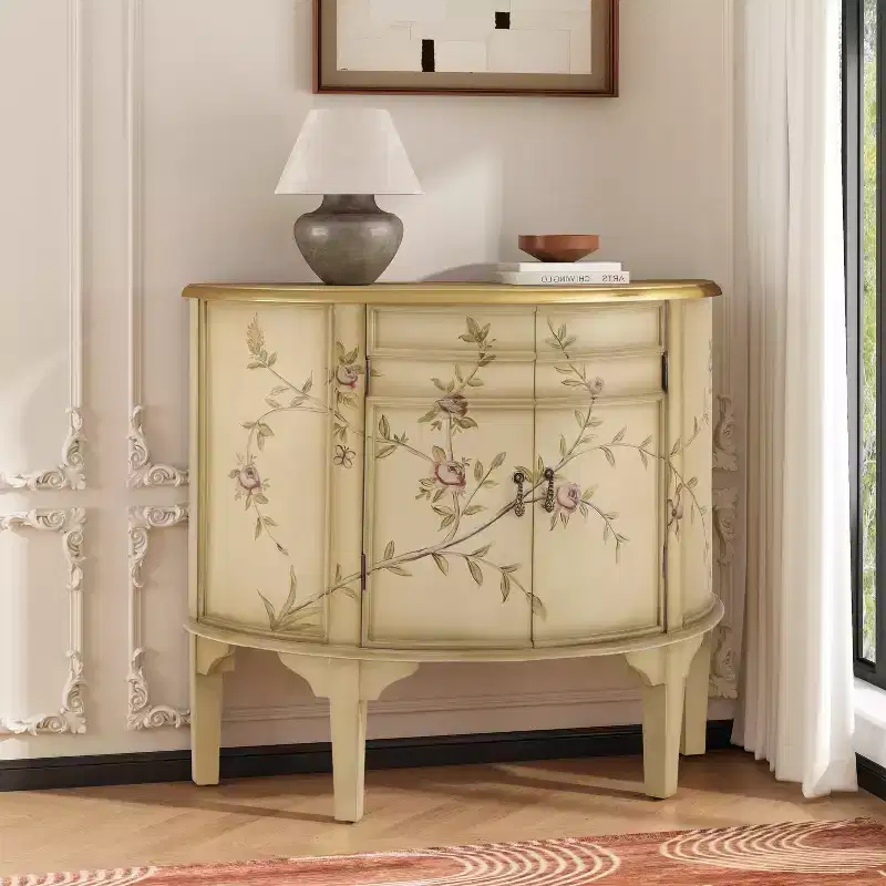 Vintage Handcrafted Floral Design Half Moon Storage Sideboard Cabinet with 2 Doors