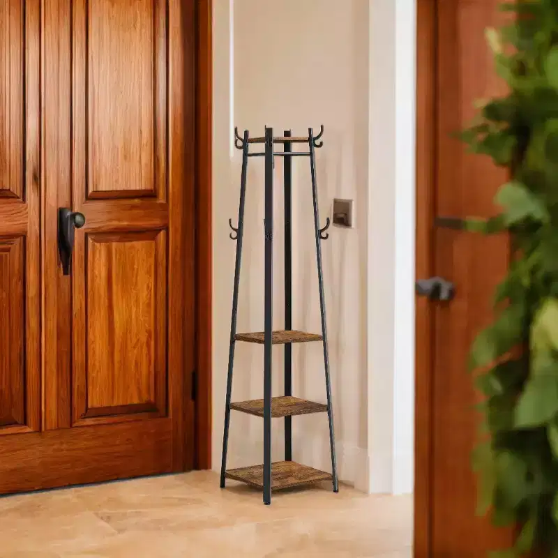 Industrial Style Coat Rack with 3 Shelves and Hooks - Stylish Entryway Storage Solution for Coats, Bags, and Accessories