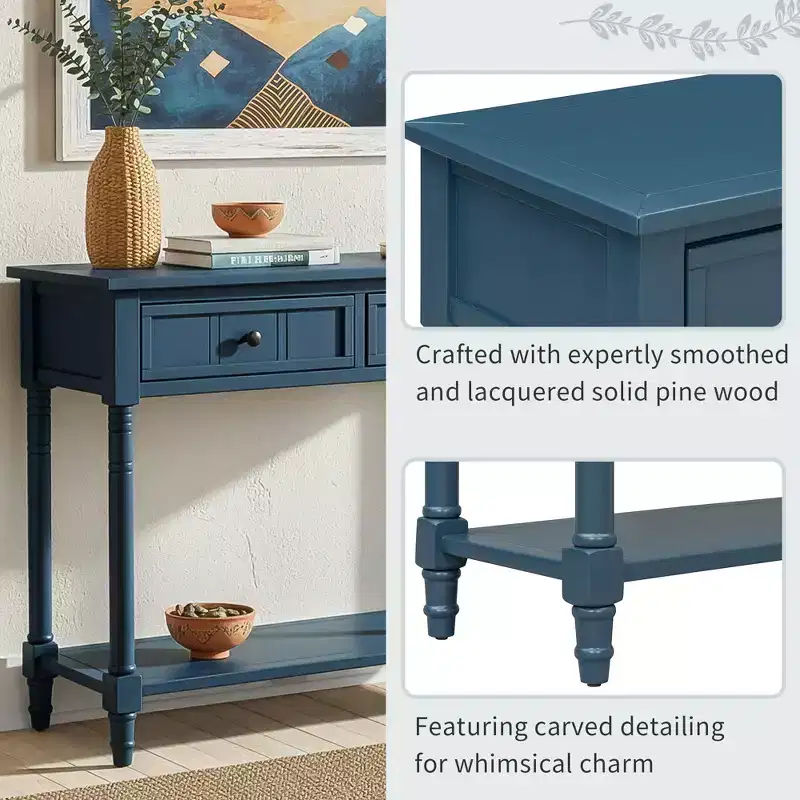 Traditional Entryway Console Table with 2 Drawers and Bottom Shelf, Solid Pine Wood