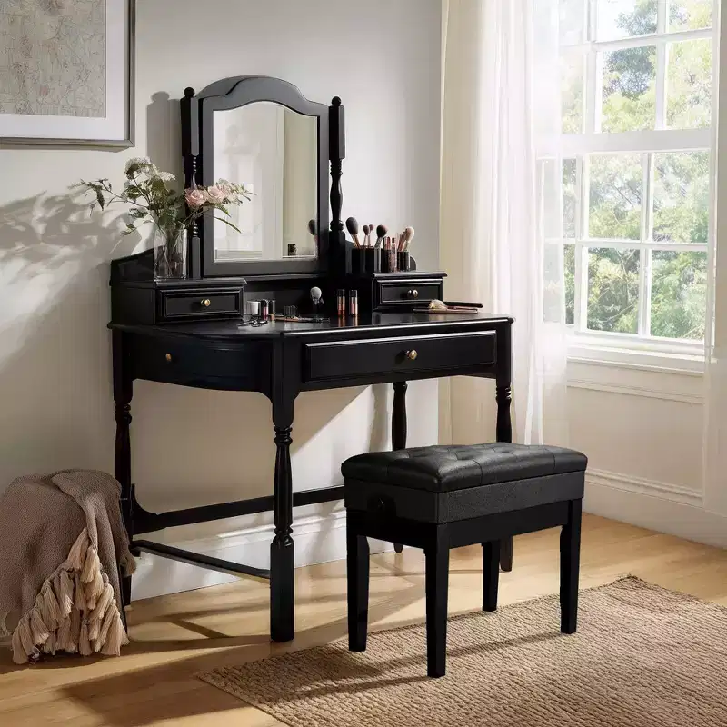Adjustable Height Piano Bench with Storage, PU Leather, Black