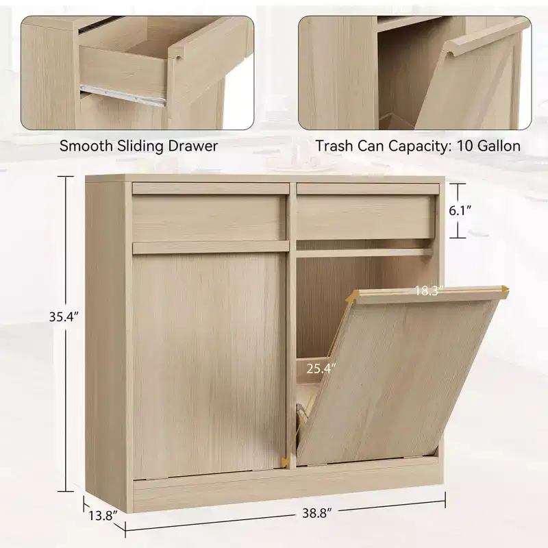 Double Tilt Out Trash Cabinet, Natural Oak Trash Cabinet with 20 Gallon Storage & 2 Drawers, Hidden Garbage Cabinet Laundry Hamper