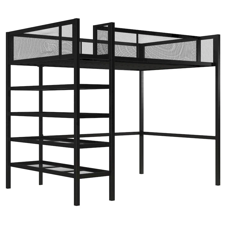 Twin Metal Loft Bed with 4-Shelf Bookcase & Full-Length Guardrails, 3 Color Options