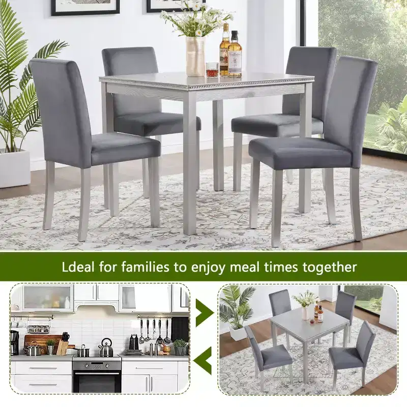 5 Piece Kitchen Table Set with a Square Table and 4 Upholstered Chairs,for Kitchen, Dining Room, Silver grey
