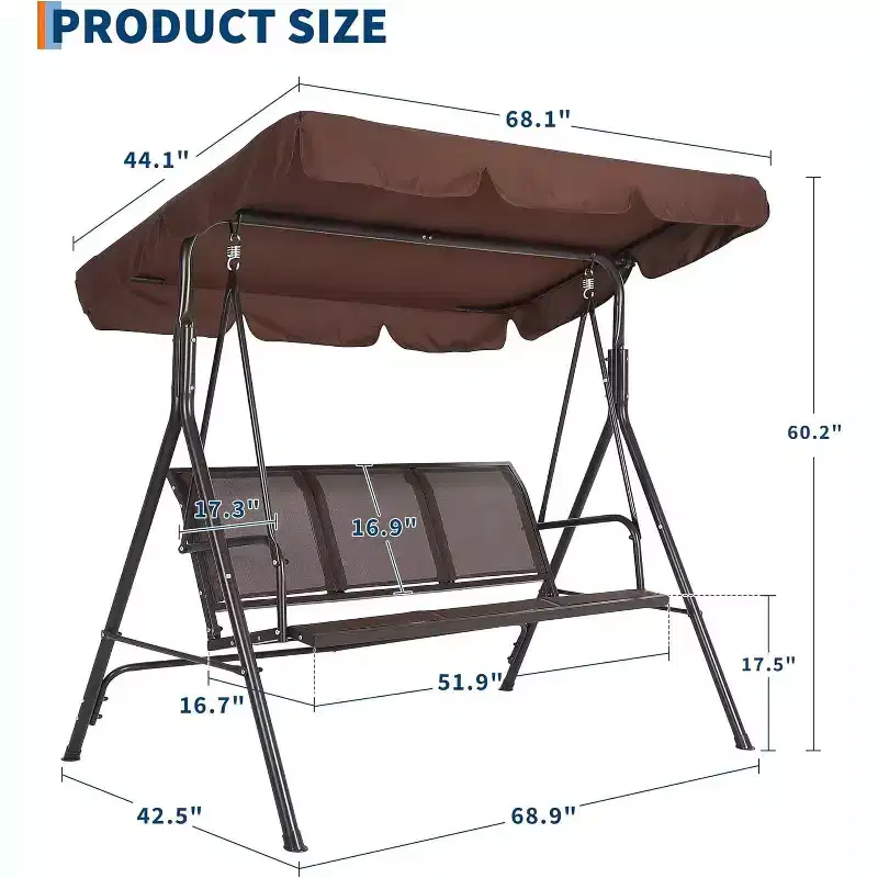 3-Seat Outdoor Swing Chair,Heavy-Duty Frame 500 lbs Capacity, Adjustable UV Protection Canopy,Breathable Seating Cushions for Patio Garden Porch