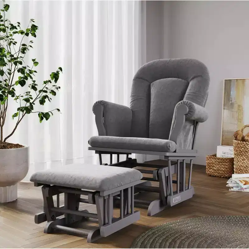 Child Craft Cozy Glider Rocker and Ottoman Set, Padded Cushion with Convenient Storage Pockets, Solid Wood Base & Frame
