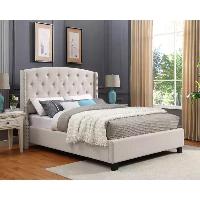 Nantarre Fabric Button Tufted Wingback Upholstered Bed with Nail Head Trim, Tan