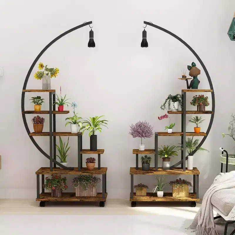 6-Tier Half Moon Plant Stand with Grow Lights - Tall Metal Plant Shelf with Wheels and Wooden Display Rack