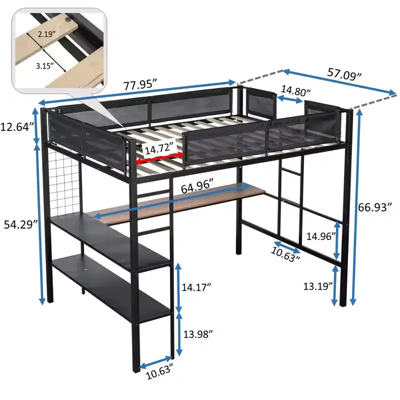 Metal Full Size Loft Bed with Desk / Sturdy Metal Bed Frame/ Noise-free Wood Slats/ Comfortable Textilene GuardrailSuitable for teenagers