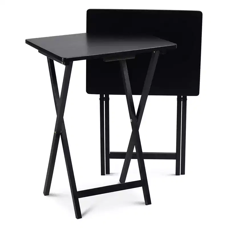 PJ Wood Conventional Solid and Sturdy Wood Construction Portable Folding TV Snack Tray Table Desk Serving Stand, Black (4-Piece Set)