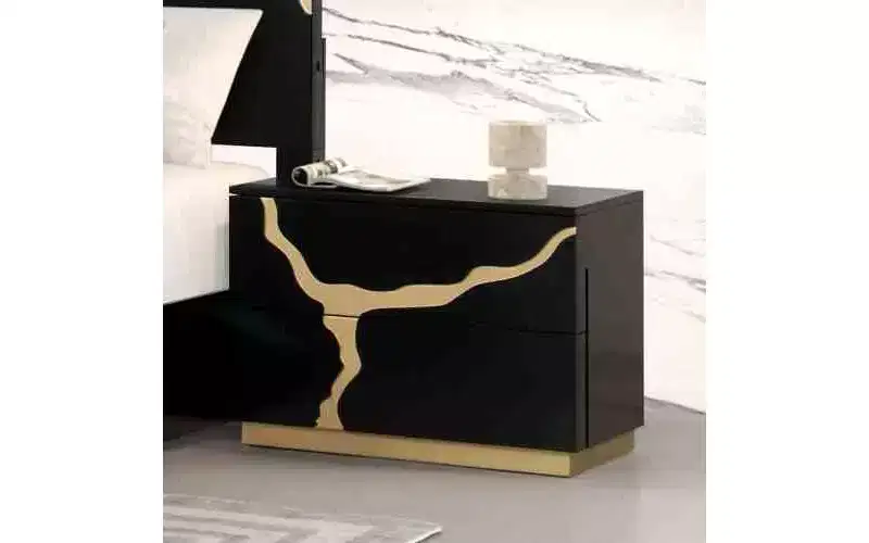 28-Inch Modern Single Nightstand Gold Lacquer Pattern French and English Dovetail Drawers Bedroom Furniture Black and Gold