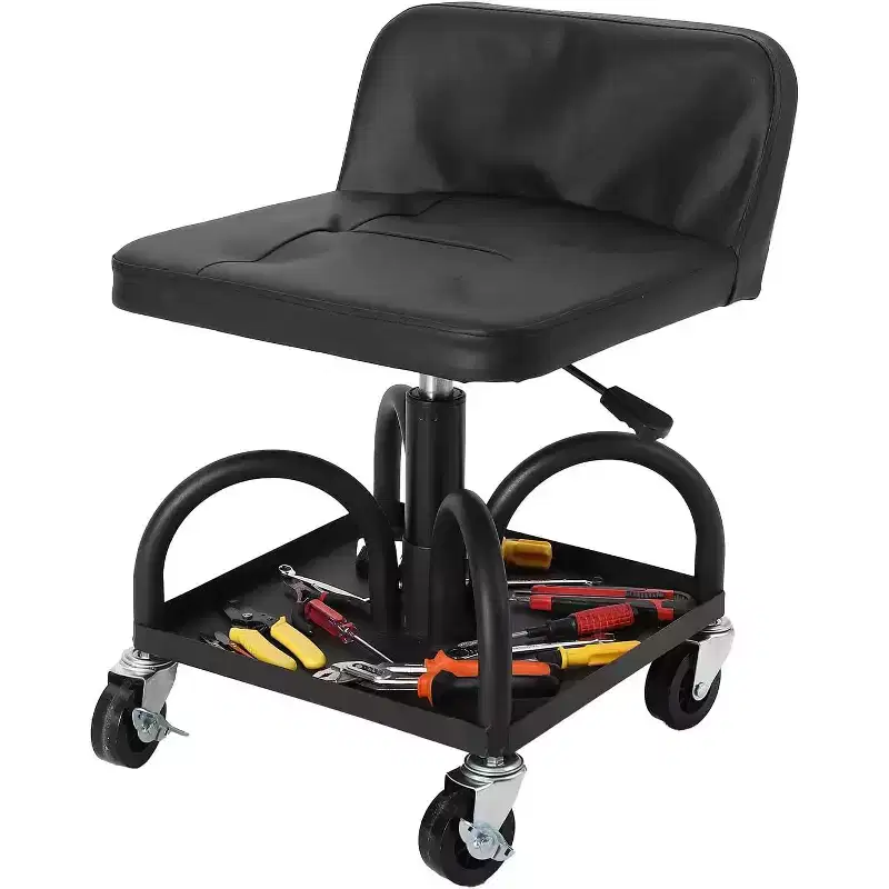 Rolling Garage Stool with Padded Seat, Height Adjustable, 300LB Capacity, Utility Tray, Lockable 360 Wheels, Black