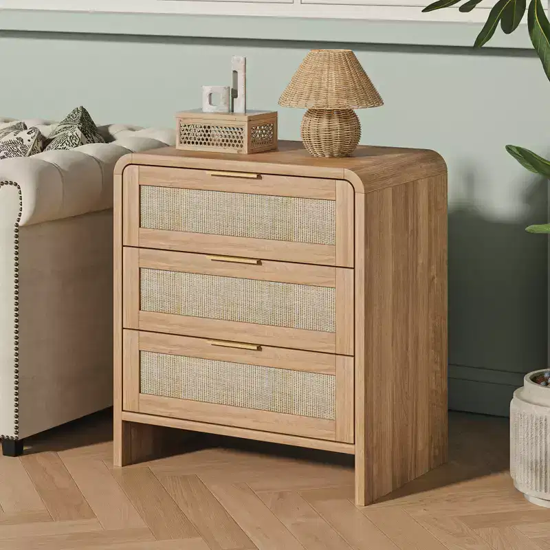 Rattan Boho Rattan 3 Drawer Nightstand for Bedroom Living Room