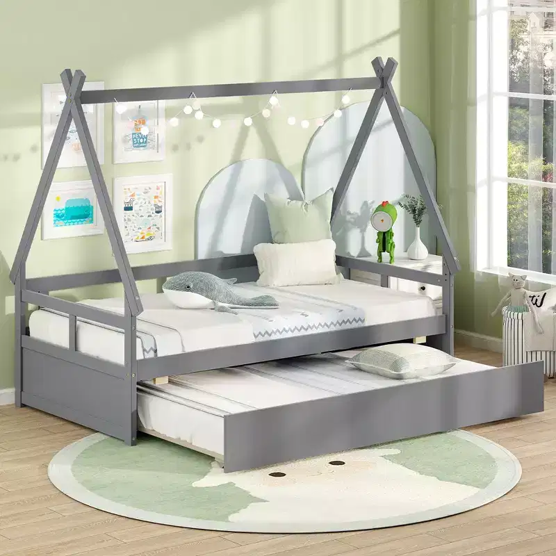 Twin Size House Bed with Trundle, Roof, Safety Guardrail and Wood Slat Support, Gray