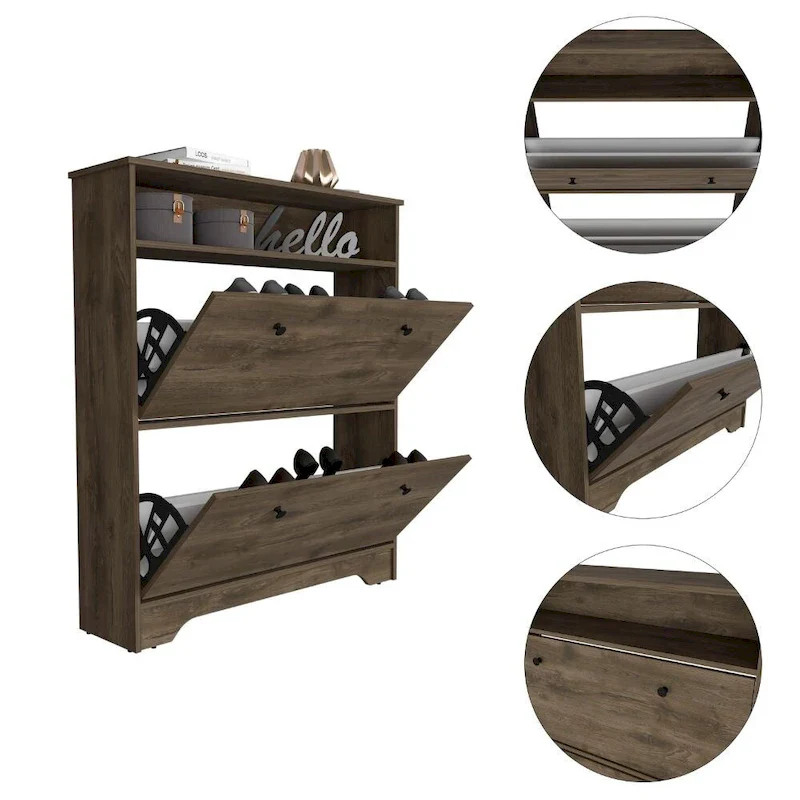 Shoe Rack with Open Shelf and Two Drawers - Dark Brown
