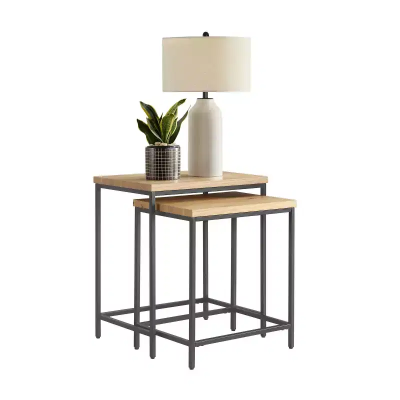 Alaterre Furniture Set of 2 Nesting Side Tables with Wood Tops and Metal Bases, Modern Minimalist End Tables for Living Room, Apartment or Dorm, Oak