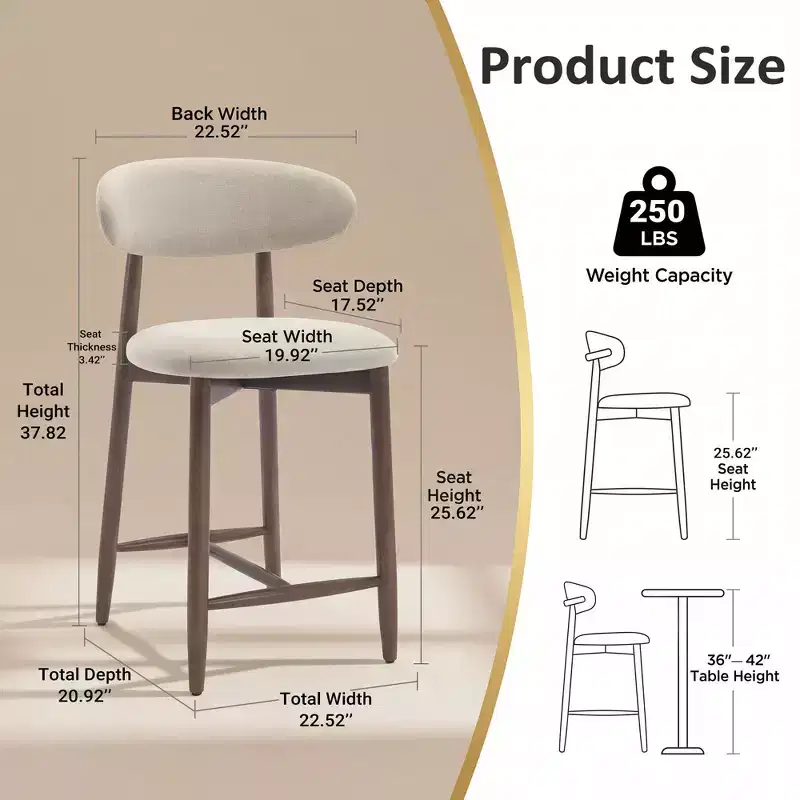 Ora Maison Set of 2/4/6 Counter Height Upholstered Bar Stool with Fabric & Walnut Finish
