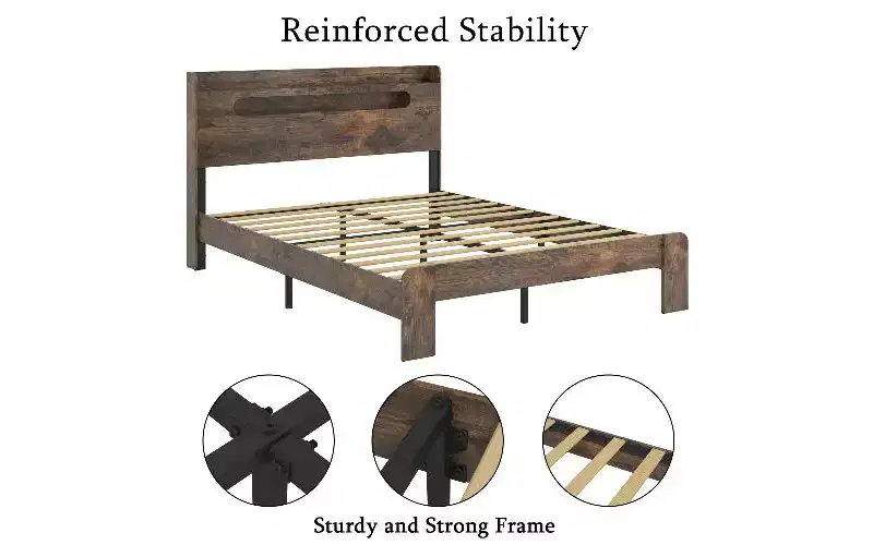 TUYOHW Full Size Bed Frame with Storage Headboard & Charging Station, LED Light Wood Platform Bed with Large Under Bed Storage, Noise-Free Bed Frame