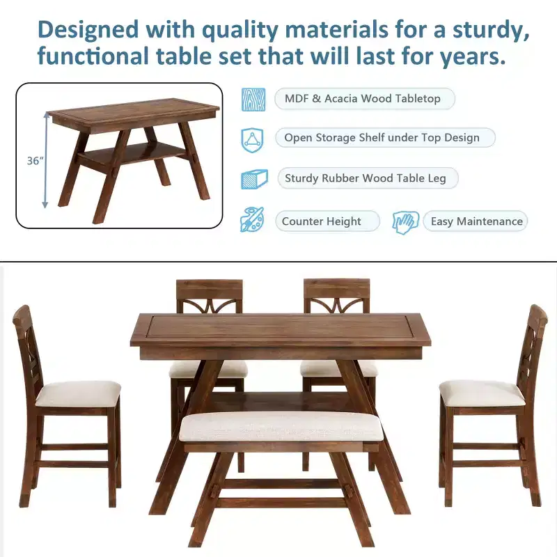 Whisen Rustic 6-Piece Counter Height Dining Table Set with Bench and 4 Upholstered Chairs
