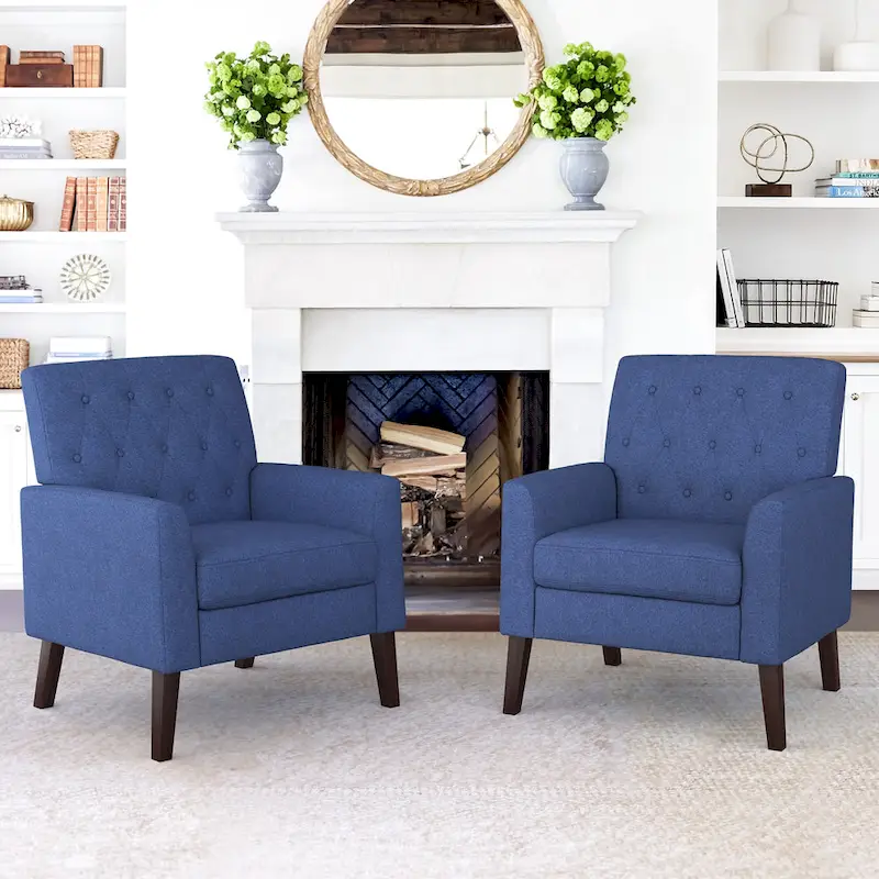 LUE BONA Linen and Walnut Legs Mid Century Modern Button Tufted Accent Chair (Set of 2) - 33.86 H X 27.95 W X 29.53 D