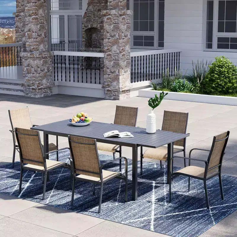 EROMMY 7 Piece Patio Expandable Table Dining Set, Outdoor Dining Table And Chairs Set For 4 To 8, 6 Textilene Chairs, 1 Iron Expandable Dining Table