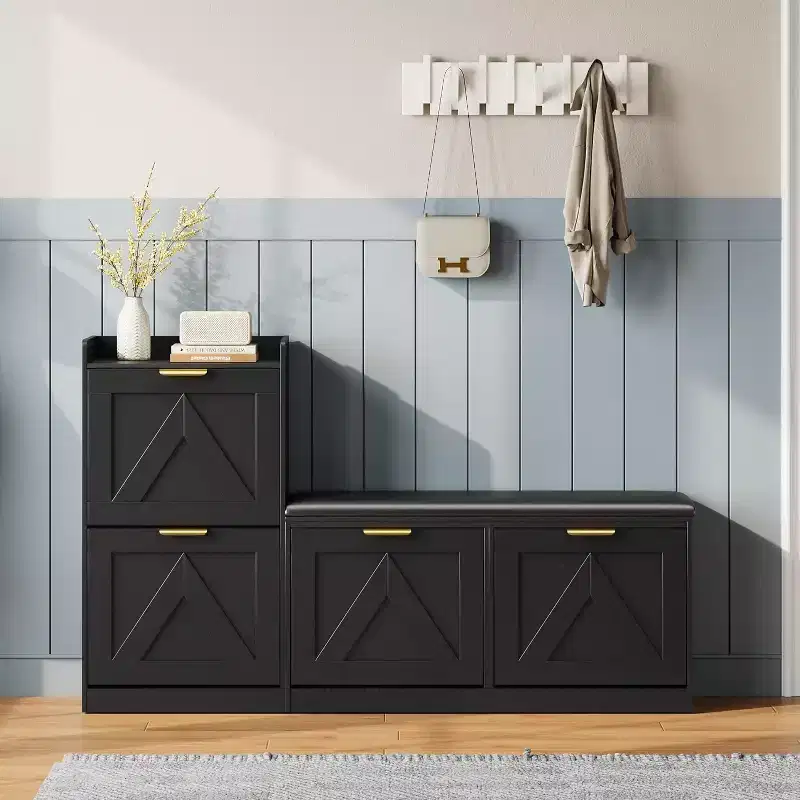 Shoe Storage Cabinet with Bench & 4 Flip Drawers - Narrow Entryway Organizer for 35-40 Pairs