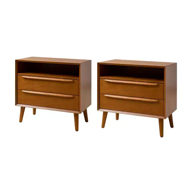 Margery Mid-century Modern 2 - Drawer end table with Built-In Outlets and Cable Management and Open Shelf Set of 2| HULALA HOME