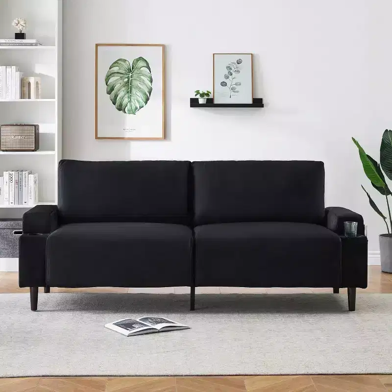 3-Seater Flannel Sofa with Armrests, Storage Bag and Cup Holders - Black/Grey