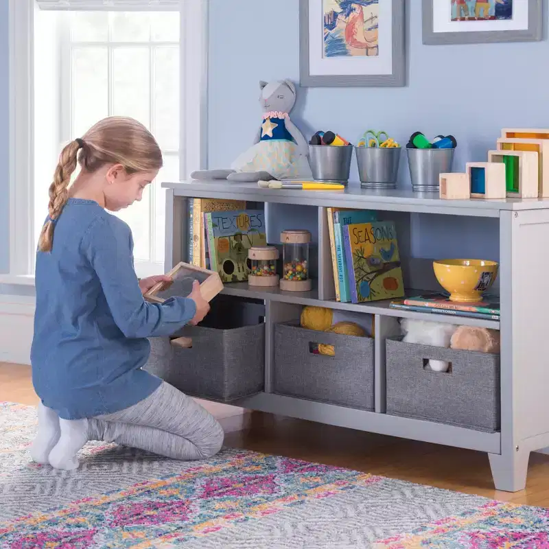 Martha Stewart Kids' Low Bookcase: Children's 24 Wooden Bookshelf, Book and Toy Storage Organizer with Fabric Bins