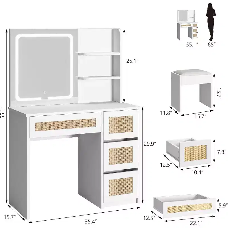 Vanity Desk with LED Mirror and Stool, Rattan White Makeup Table with 2 Drawers, Storage Cabinet for Bedroom Living Room