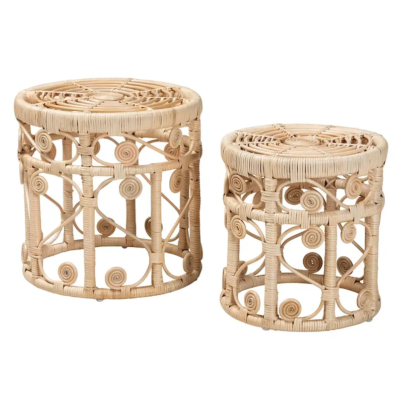 Bowie Modern Bohemian Natural Brown Rattan 2-Piece Nesting End Table Set