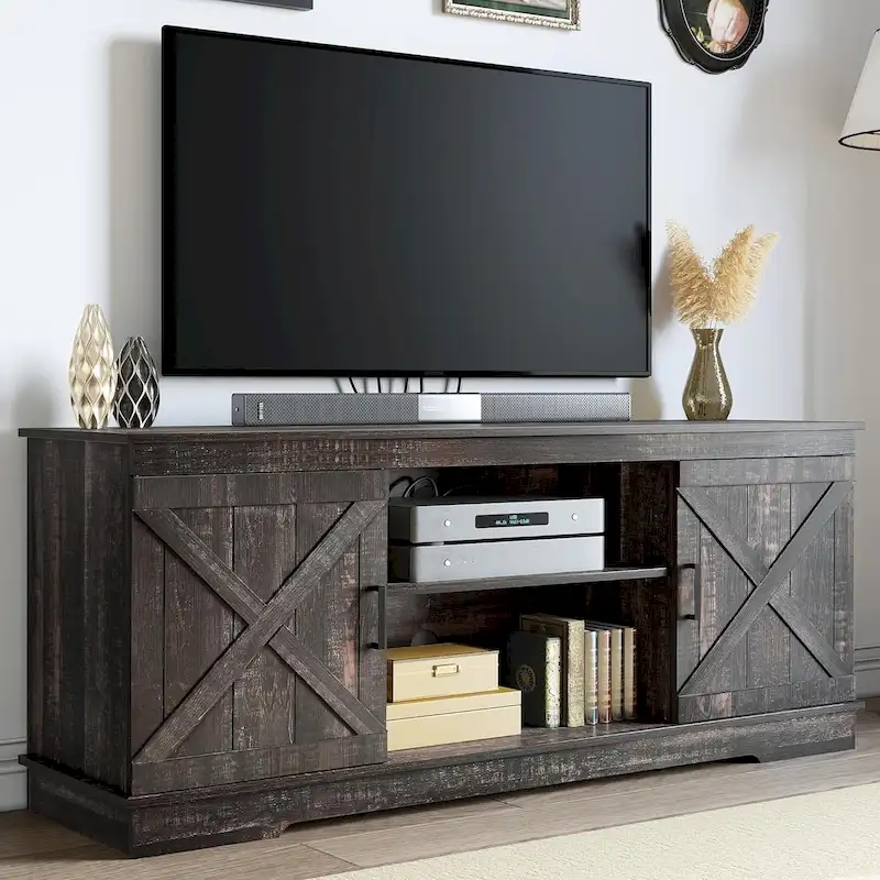 Farmhouse TV Stand with Sliding Barn Doors, Adjustable Shelf, Cord Management, Fits TVs up to 65 in