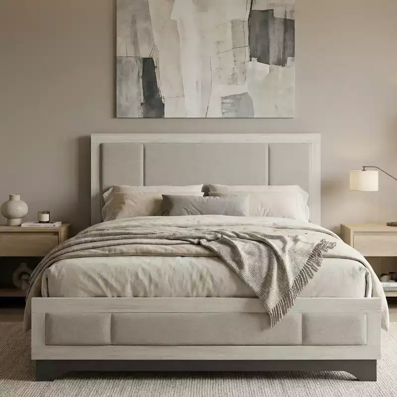 Contemporary Wood Platform Bed with Upholstered Headboard, Two-Tone White Oak and Gray