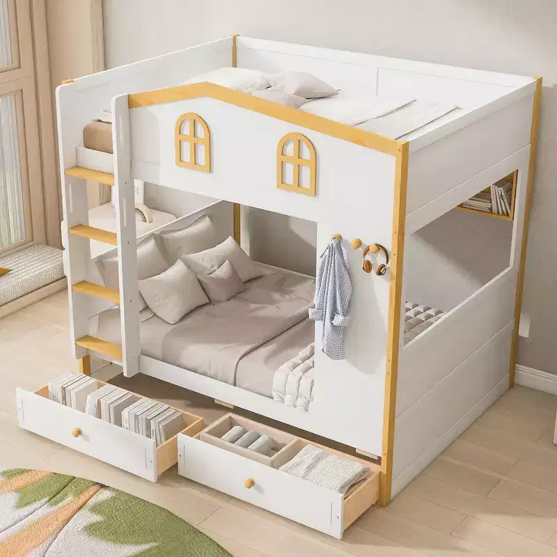 Bunk Bed with House-shaped Guardrails and Storage Shelves and Drawers or Trundle