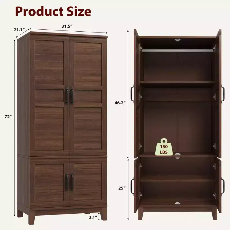72 Wooden Wardrobe Cabinet with Hanging Rod, Freestanding Tall Clothing Armoire Cabinet with 18 Adjustable Shelves
