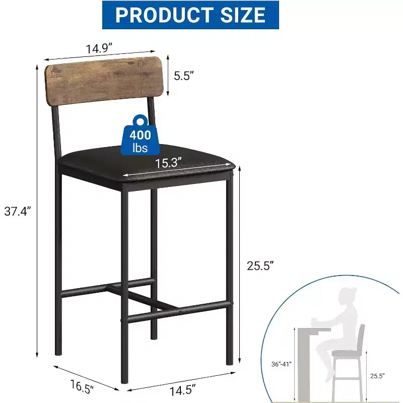 COZONY Set of 6 Bar Stools, 25.5 Counter Height Upholstered Chairs w/ Back & Footrest, Rustic Brown